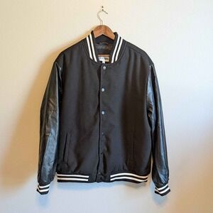 Fashion Nova Varsity Bomber Jacket Mens 2X Black Faux Leather Sleeve